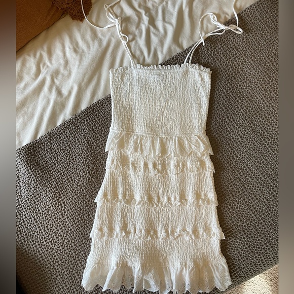 White Smocked and Ruffle Bodycon Mini Dress with Tie Straps - Picture 1 of 5